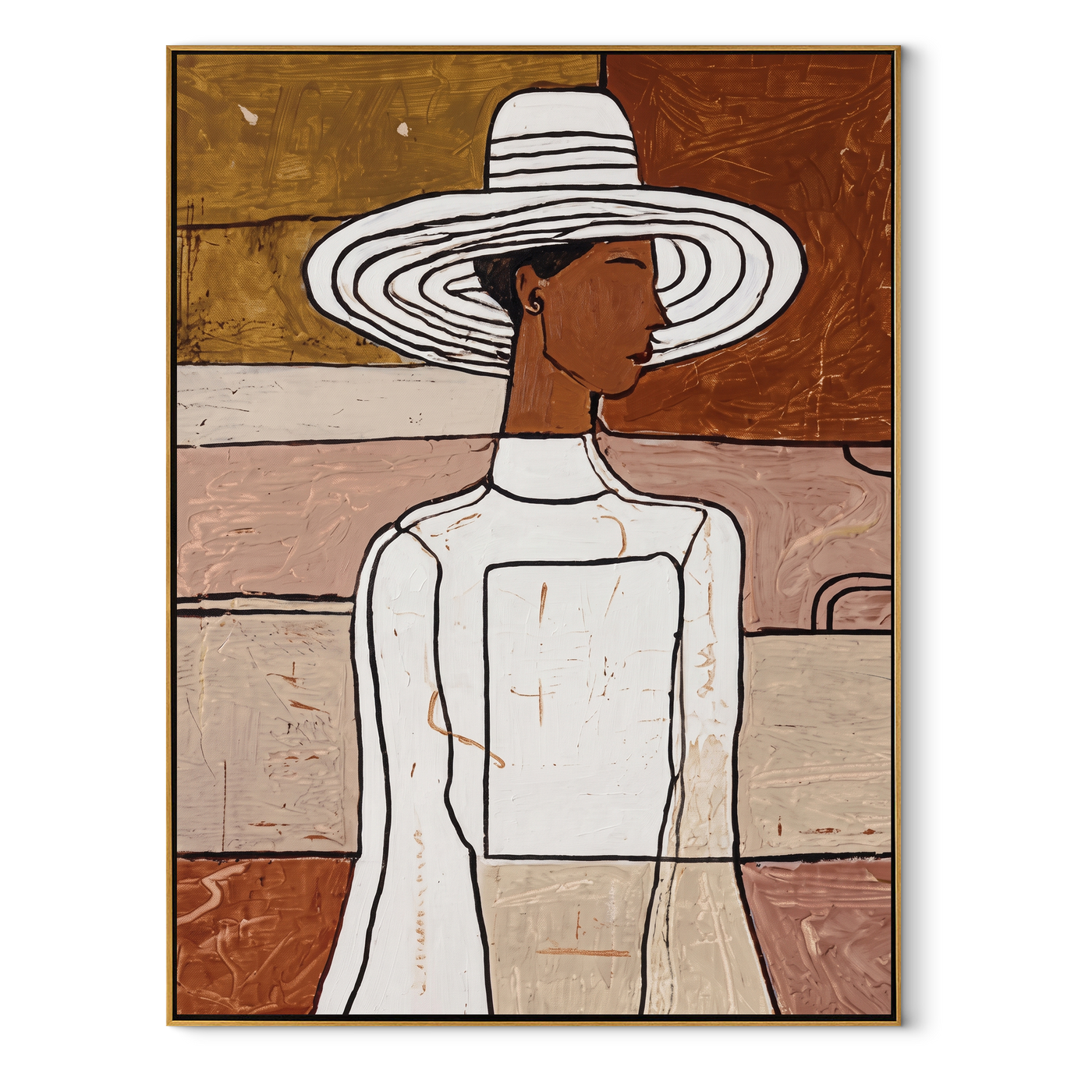 White Hat Turns Sideways - elegant white dress painting by Elliot Vale, modern figurative vertical wall art - framed artwork on white background