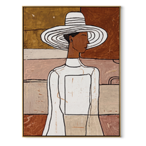 White Hat Turns Sideways - elegant white dress painting by Elliot Vale, modern figurative vertical wall art - framed artwork on white background