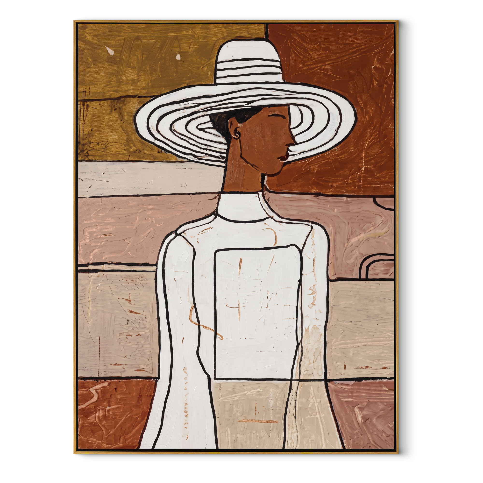 White Hat Turns Sideways - elegant white dress painting by Elliot Vale, modern figurative vertical wall art - framed artwork on white background