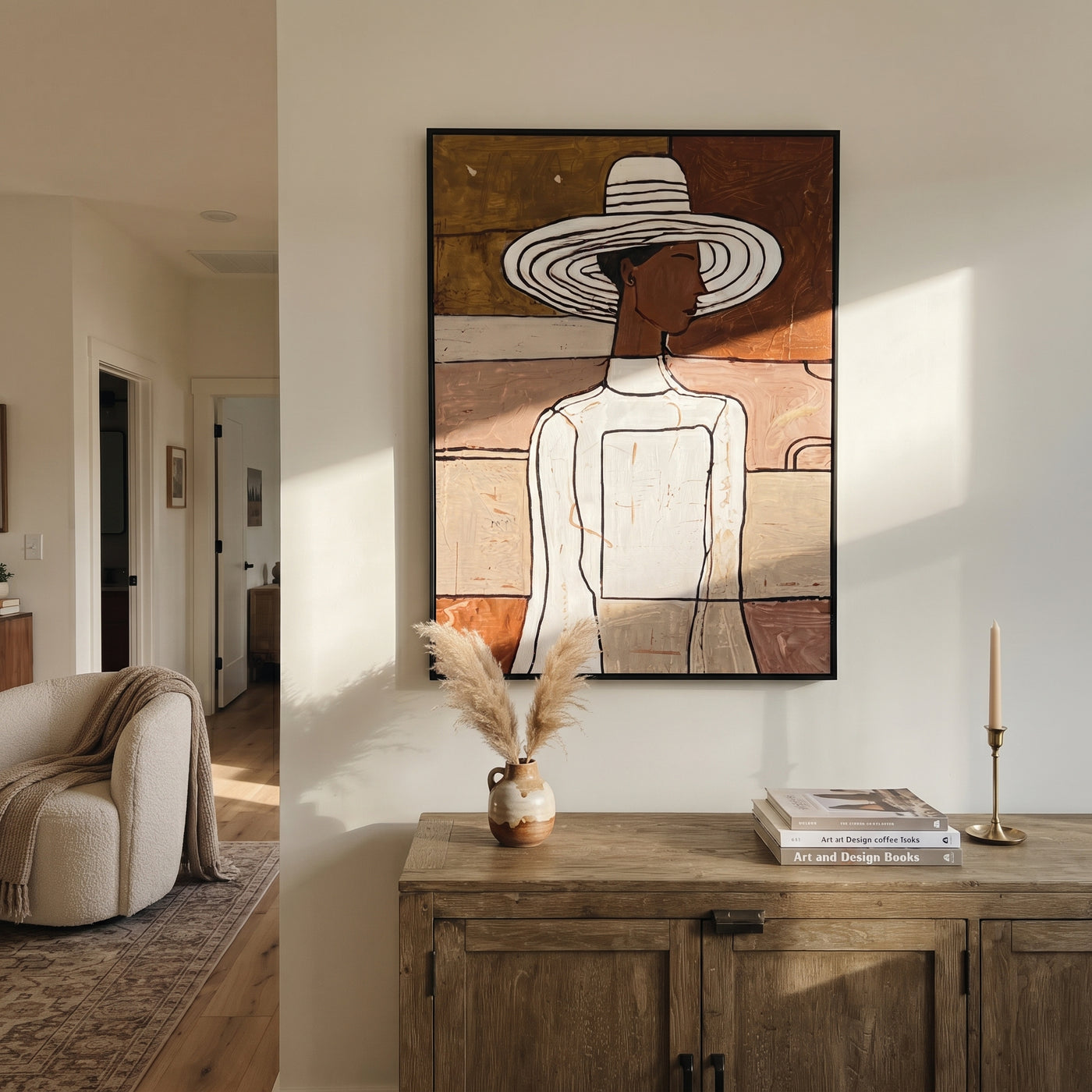White Hat Turns Sideways - elegant white dress painting by Elliot Vale, modern figurative vertical wall art - styled room scene view 2