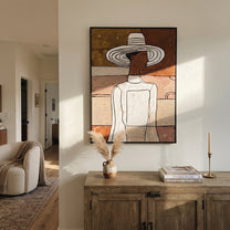 White Hat Turns Sideways - elegant white dress painting by Elliot Vale, modern figurative vertical wall art - styled room scene view 2