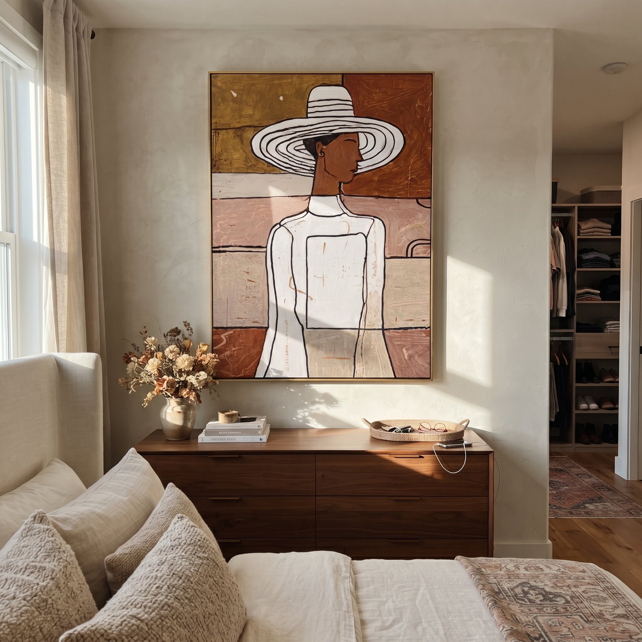 White Hat Turns Sideways - elegant white dress painting by Elliot Vale, modern figurative vertical wall art - styled room scene view 3