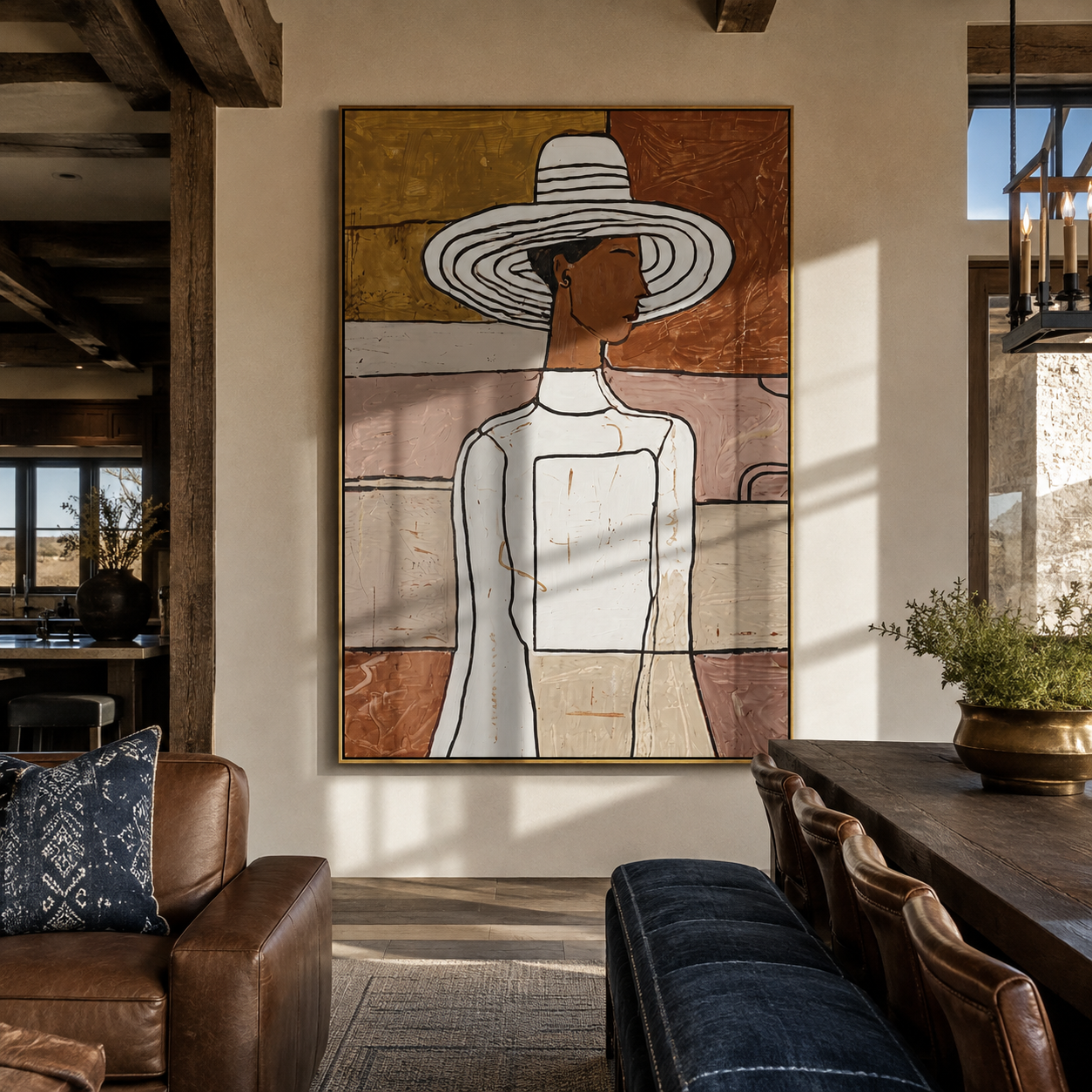 White Hat Turns Sideways - elegant white dress painting by Elliot Vale, modern figurative vertical wall art - styled room scene view 4