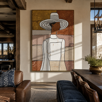 White Hat Turns Sideways - elegant white dress painting by Elliot Vale, modern figurative vertical wall art - styled room scene view 4