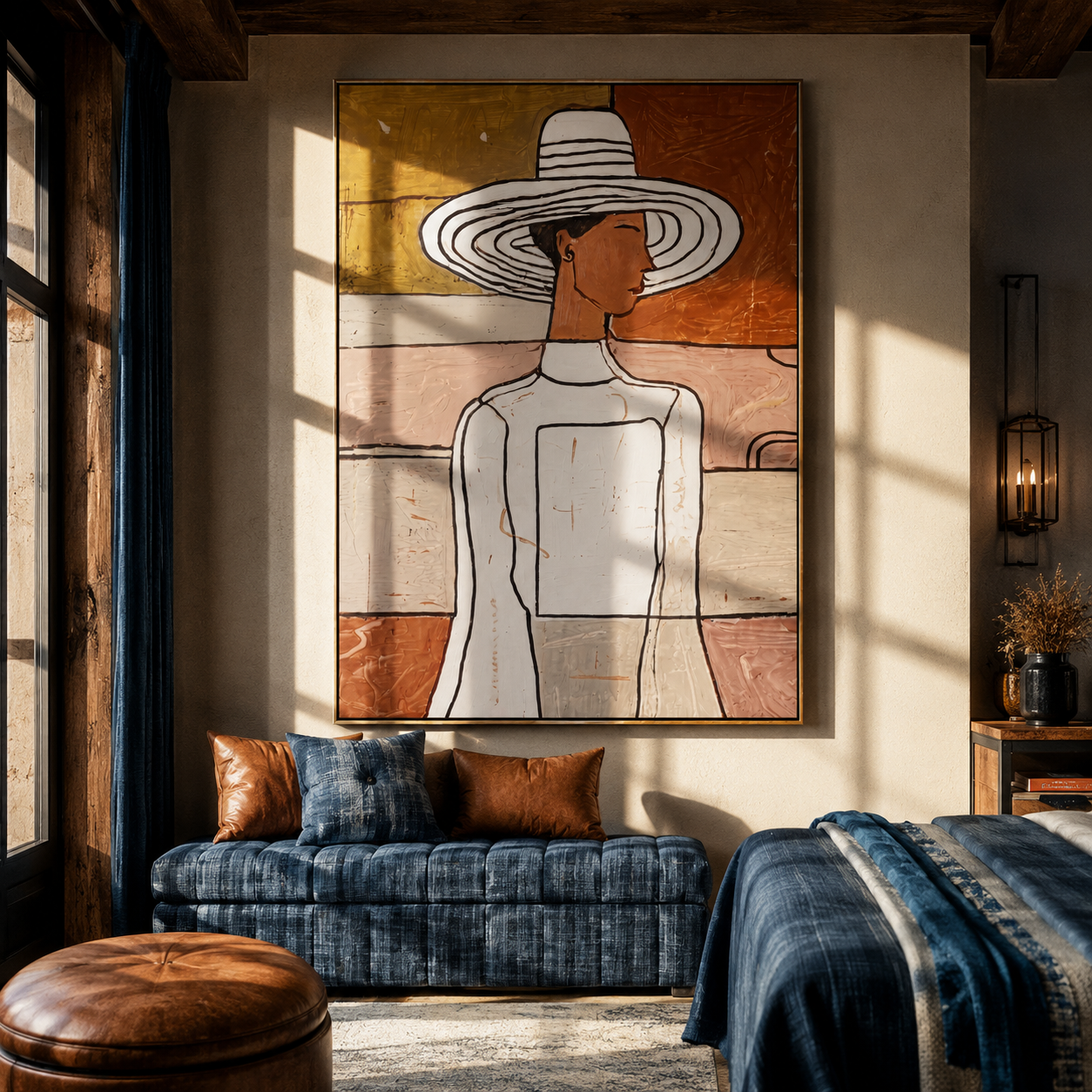 White Hat Turns Sideways - elegant white dress painting by Elliot Vale, modern figurative vertical wall art - styled room scene view 5