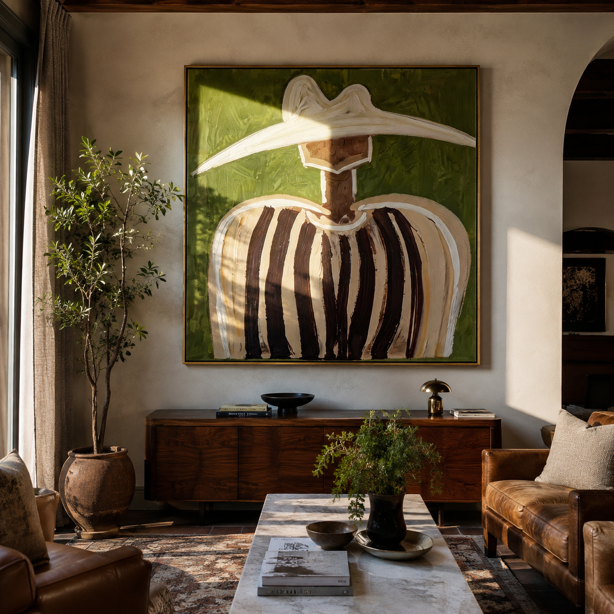 White Peaks Meet Olive - abstract striped figure painting by Elliot Vale, modern figurative square wall art - styled room scene view 1