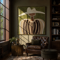 White Peaks Meet Olive - abstract striped figure painting by Elliot Vale, modern figurative square wall art - styled room scene view 2