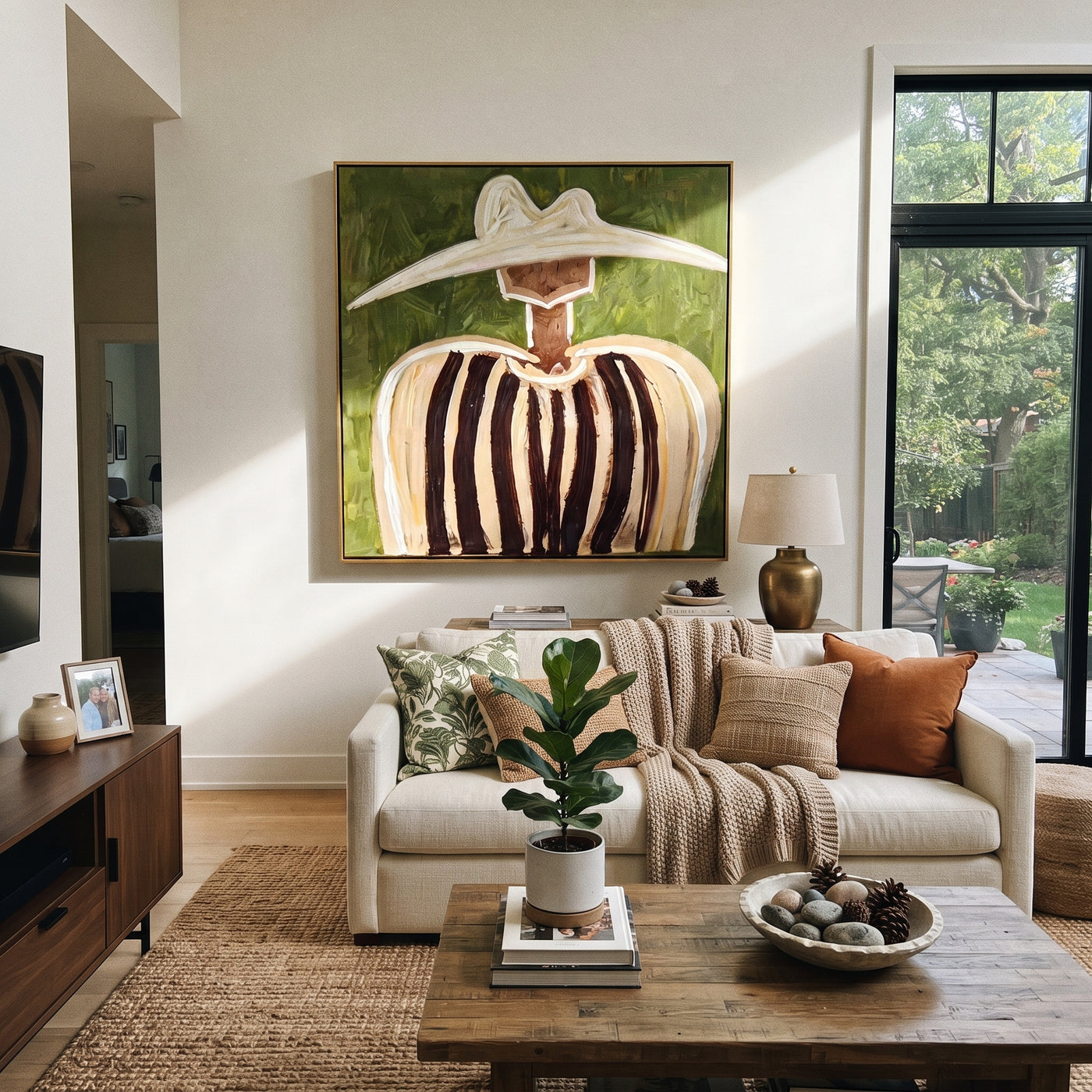 White Peaks Meet Olive - abstract striped figure painting by Elliot Vale, modern figurative square wall art - styled room scene view 3