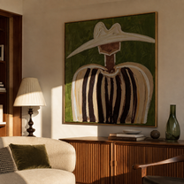 White Peaks Meet Olive - abstract striped figure painting by Elliot Vale, modern figurative square wall art - styled room scene view 4
