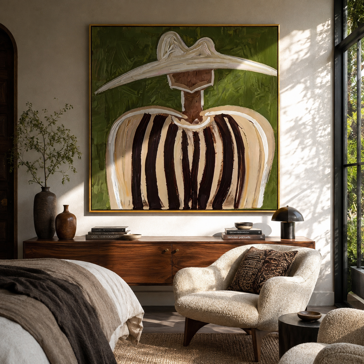 White Peaks Meet Olive - abstract striped figure painting by Elliot Vale, modern figurative square wall art - styled room scene view 5