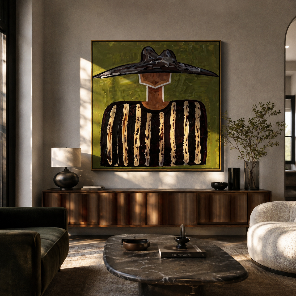 Black Peaks Cross Green - black striped figure painting by Elliot Vale, modern figurative square wall art - styled room scene view 1