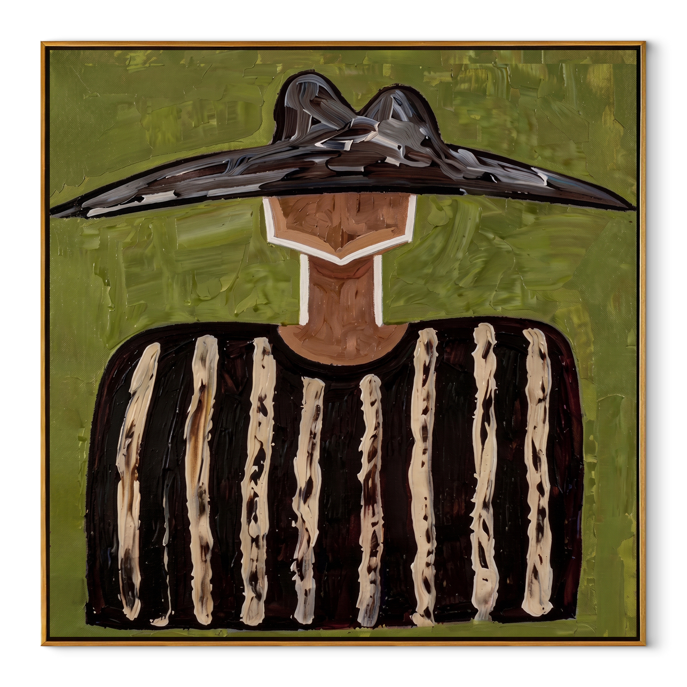 Black Peaks Cross Green - black striped figure painting by Elliot Vale, modern figurative square wall art - framed artwork on white background