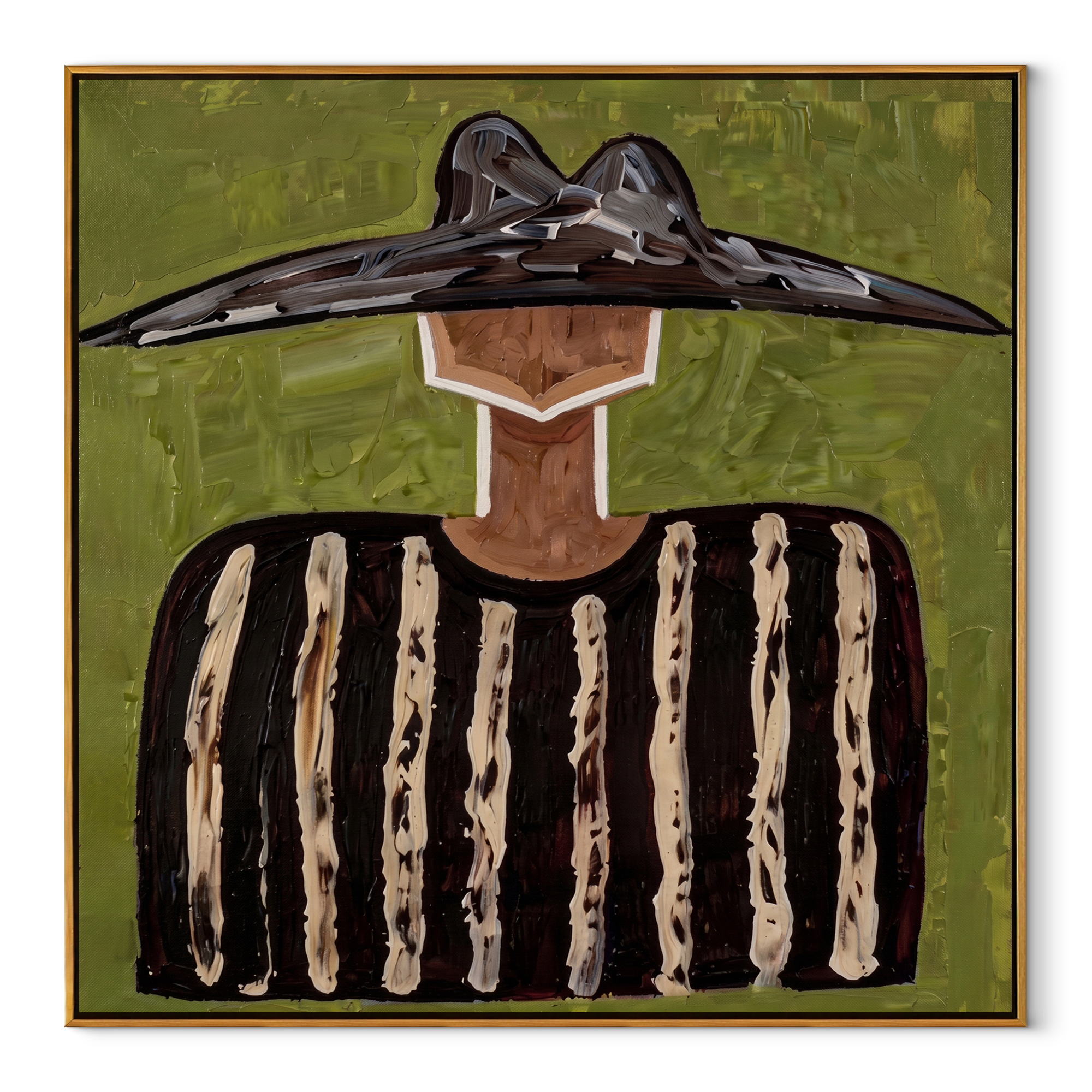 Black Peaks Cross Green - black striped figure painting by Elliot Vale, modern figurative square wall art - framed artwork on white background