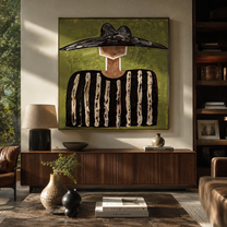 Black Peaks Cross Green - black striped figure painting by Elliot Vale, modern figurative square wall art - styled room scene view 2