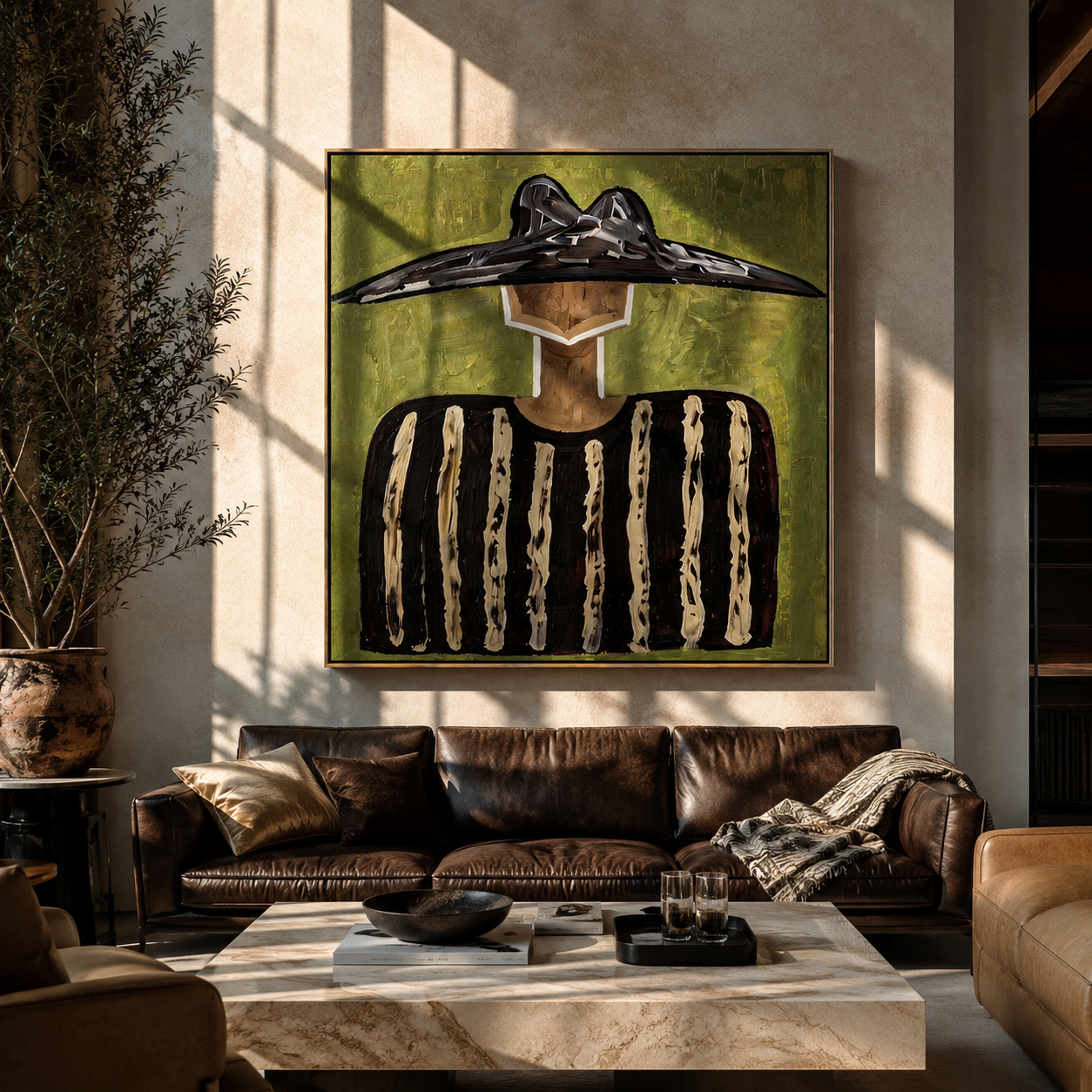 Black Peaks Cross Green - black striped figure painting by Elliot Vale, modern figurative square wall art - styled room scene view 3