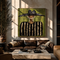 Black Peaks Cross Green - black striped figure painting by Elliot Vale, modern figurative square wall art - styled room scene view 3