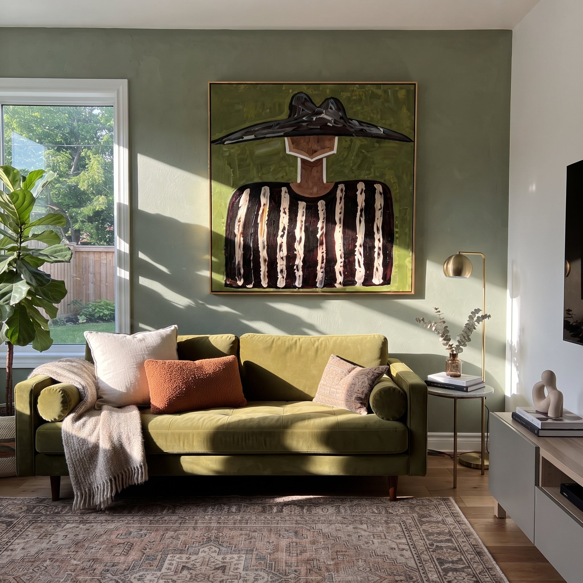 Black Peaks Cross Green - black striped figure painting by Elliot Vale, modern figurative square wall art - styled room scene view 4