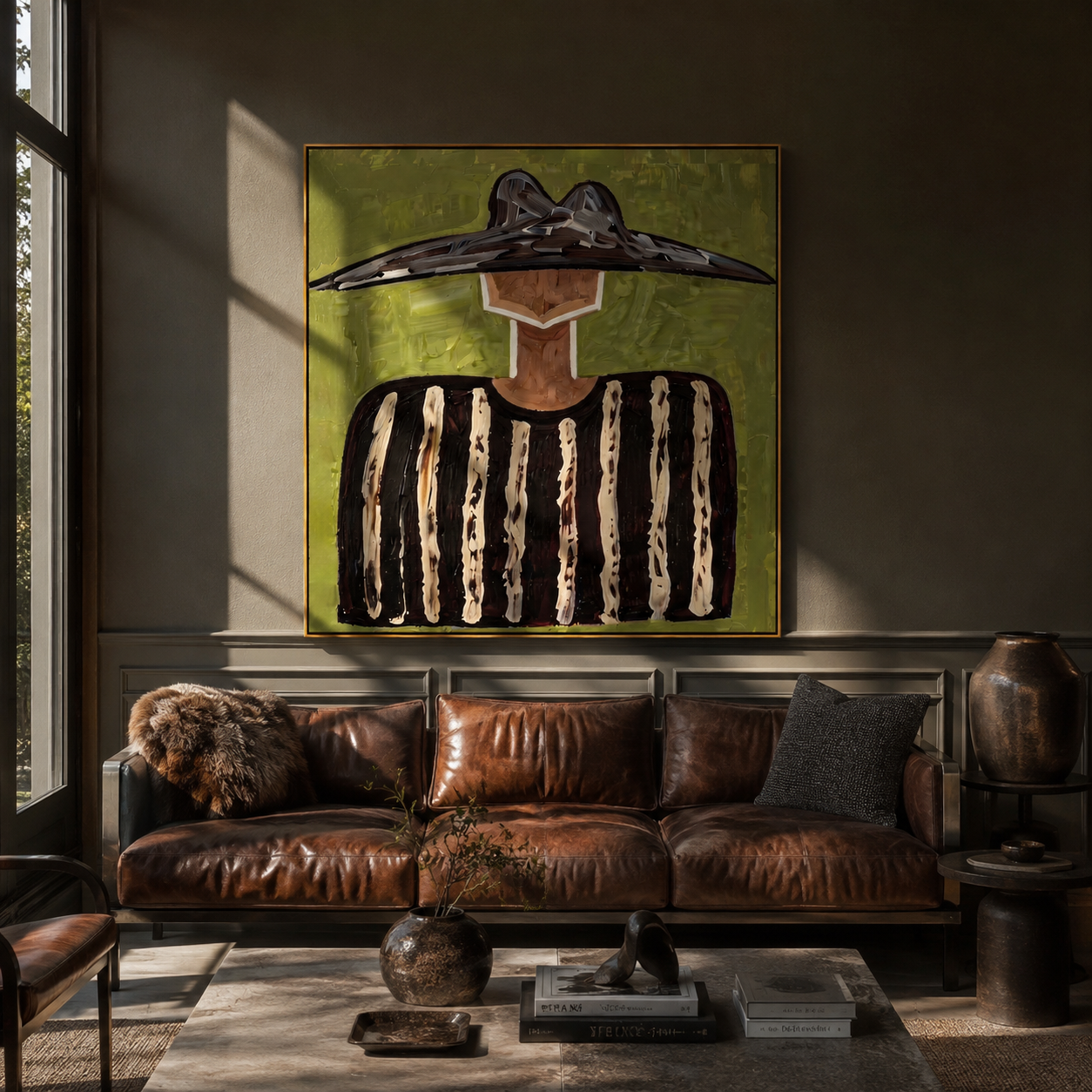 Black Peaks Cross Green - black striped figure painting by Elliot Vale, modern figurative square wall art - styled room scene view 5