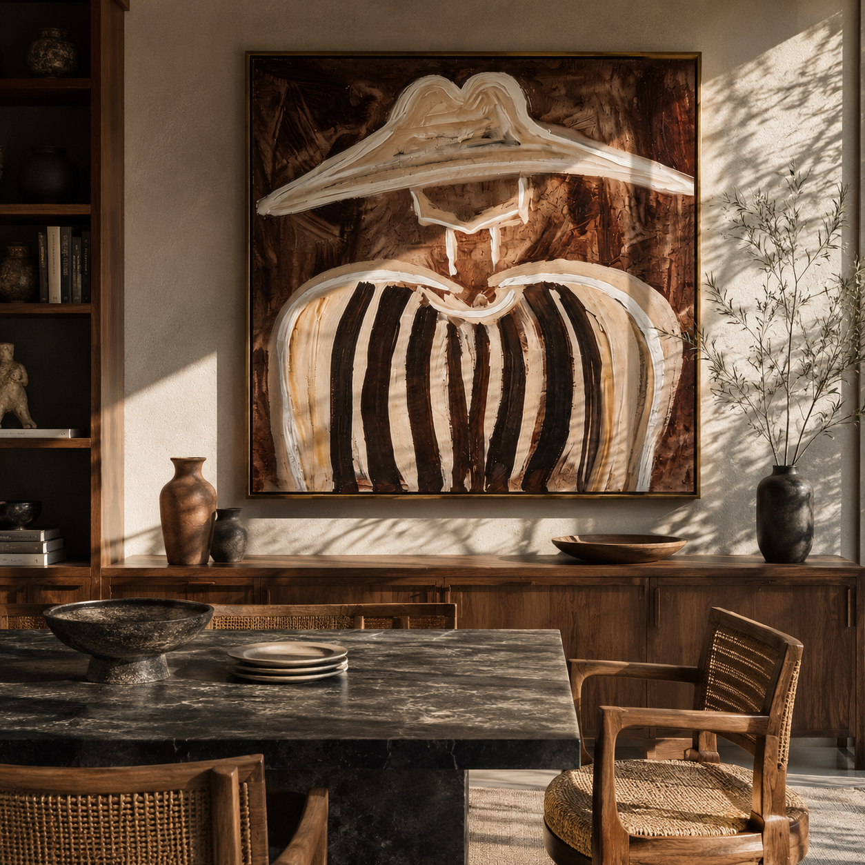 Ivory Peaks Melt Umber - abstract striped figure painting by Elliot Vale, modern figurative square wall art - styled room scene view 1