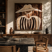 Ivory Peaks Melt Umber - abstract striped figure painting by Elliot Vale, modern figurative square wall art - styled room scene view 1