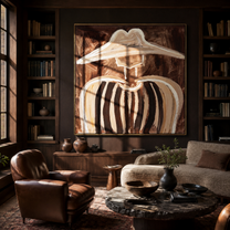 Ivory Peaks Melt Umber - abstract striped figure painting by Elliot Vale, modern figurative square wall art - styled room scene view 3