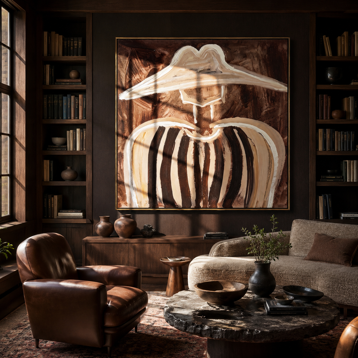 Ivory Peaks Melt Umber - abstract striped figure painting by Elliot Vale, modern figurative square wall art - styled room scene view 3