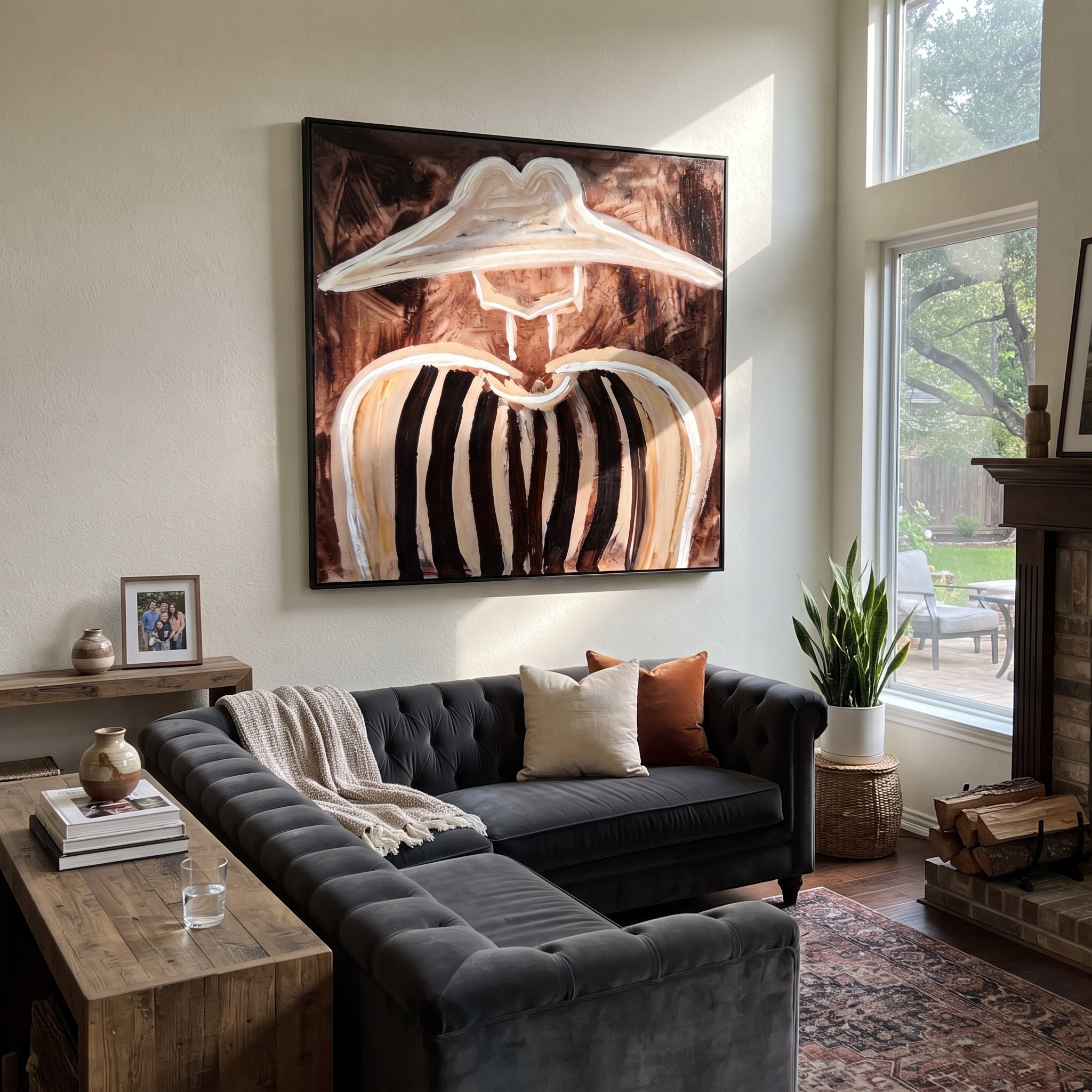 Ivory Peaks Melt Umber - abstract striped figure painting by Elliot Vale, modern figurative square wall art - styled room scene view 4