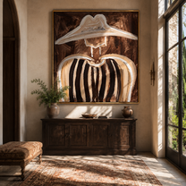 Ivory Peaks Melt Umber - abstract striped figure painting by Elliot Vale, modern figurative square wall art - styled room scene view 5