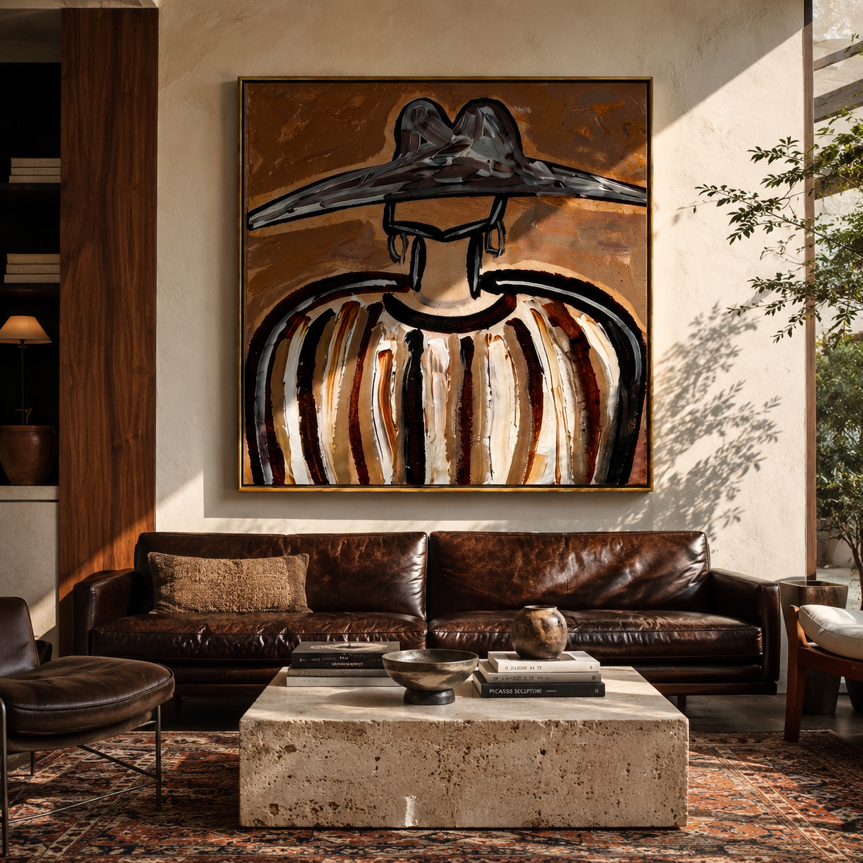 Metal Peaks Hold Ochre - earth striped hat figure painting by Elliot Vale, modern figurative square wall art - styled room scene view 1