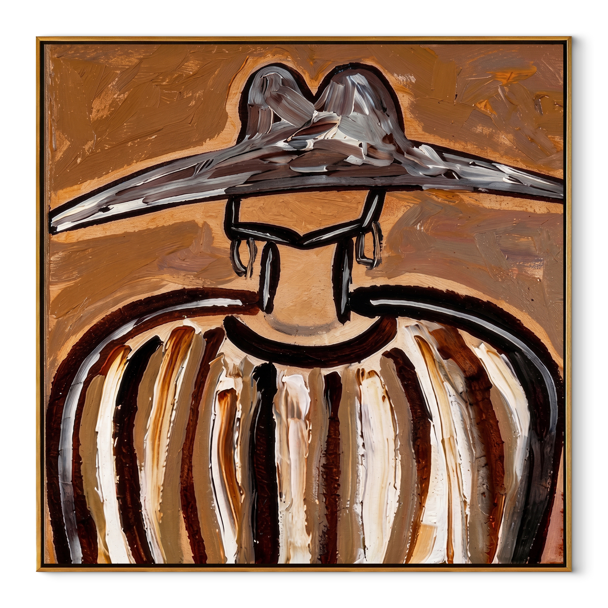 Metal Peaks Hold Ochre - earth striped hat figure painting by Elliot Vale, modern figurative square wall art - framed artwork on white background