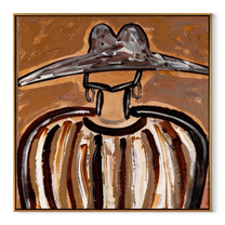 Metal Peaks Hold Ochre - earth striped hat figure painting by Elliot Vale, modern figurative square wall art - framed artwork on white background
