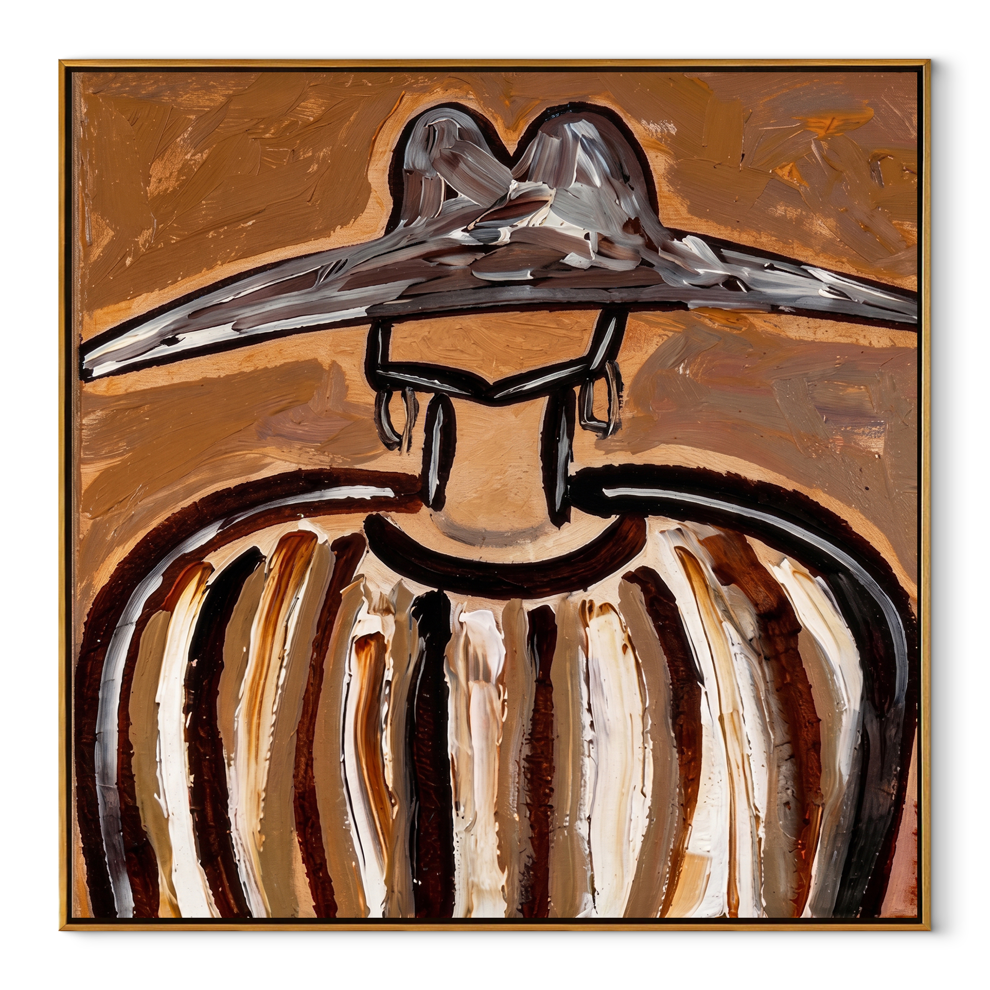 Metal Peaks Hold Ochre - earth striped hat figure painting by Elliot Vale, modern figurative square wall art - framed artwork on white background