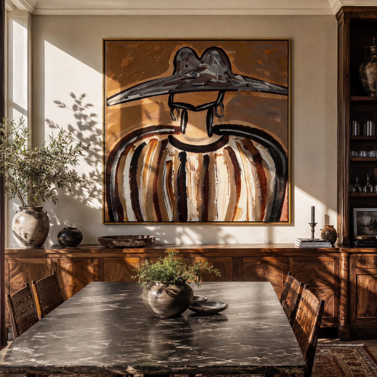 Metal Peaks Hold Ochre - earth striped hat figure painting by Elliot Vale, modern figurative square wall art - styled room scene view 2