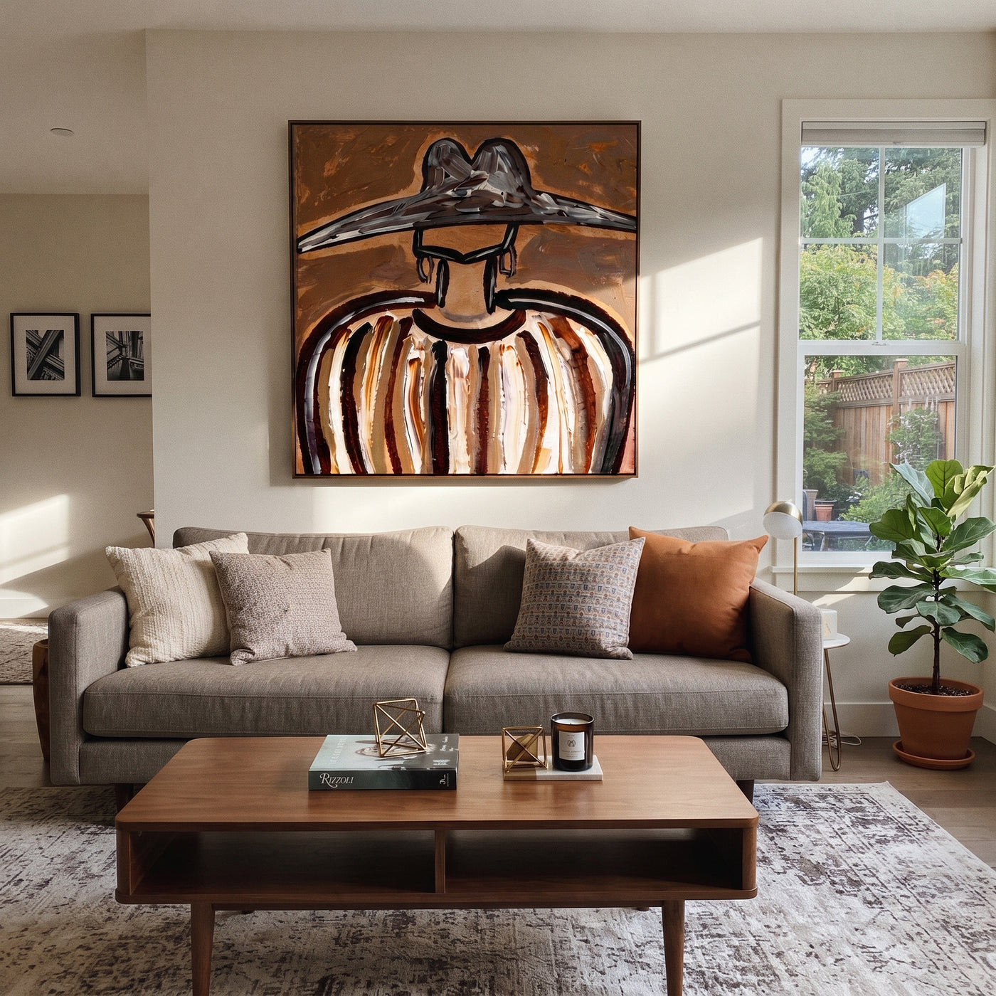 Metal Peaks Hold Ochre - earth striped hat figure painting by Elliot Vale, modern figurative square wall art - styled room scene view 3
