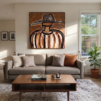 Metal Peaks Hold Ochre - earth striped hat figure painting by Elliot Vale, modern figurative square wall art - styled room scene view 3