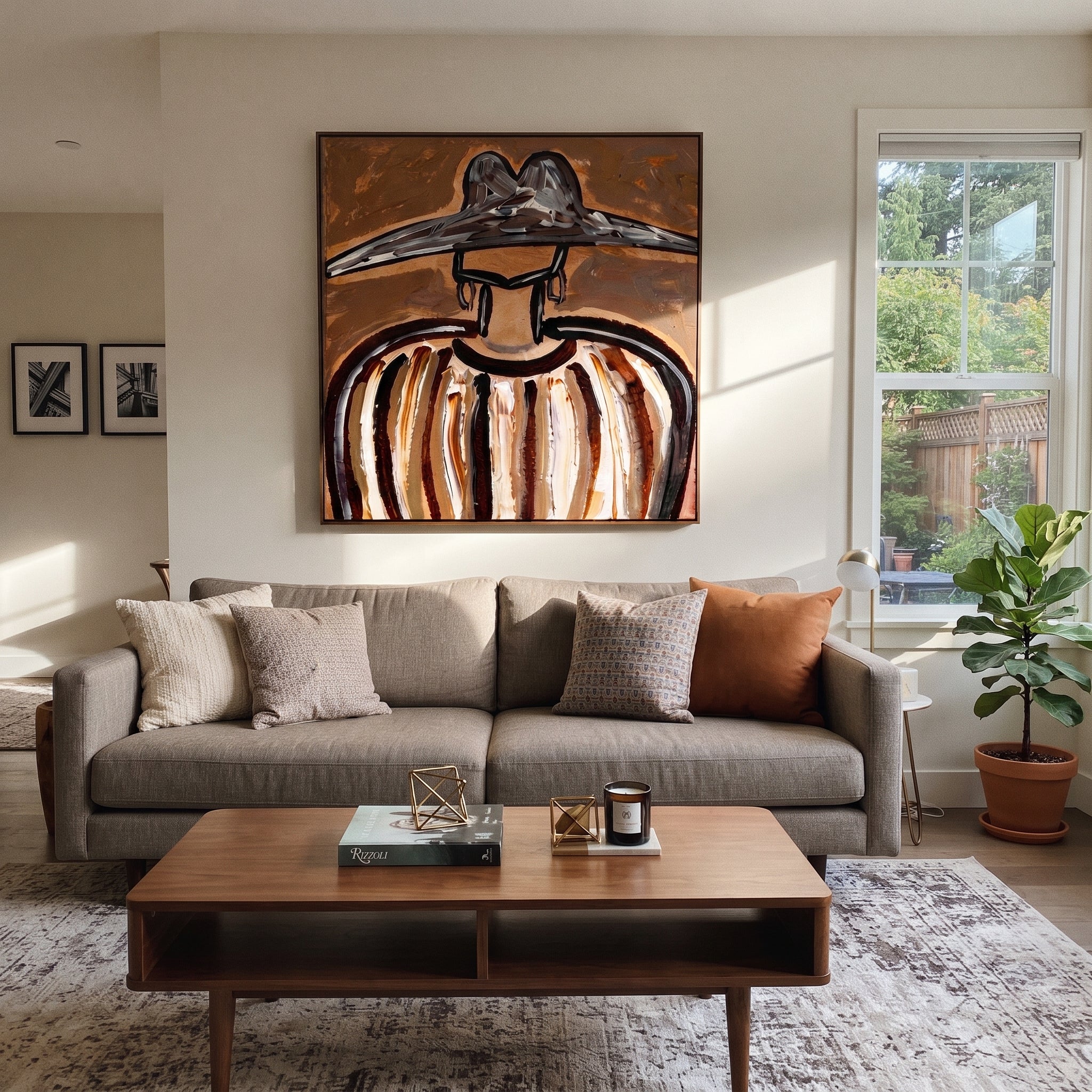 Metal Peaks Hold Ochre - earth striped hat figure painting by Elliot Vale, modern figurative square wall art - styled room scene view 3