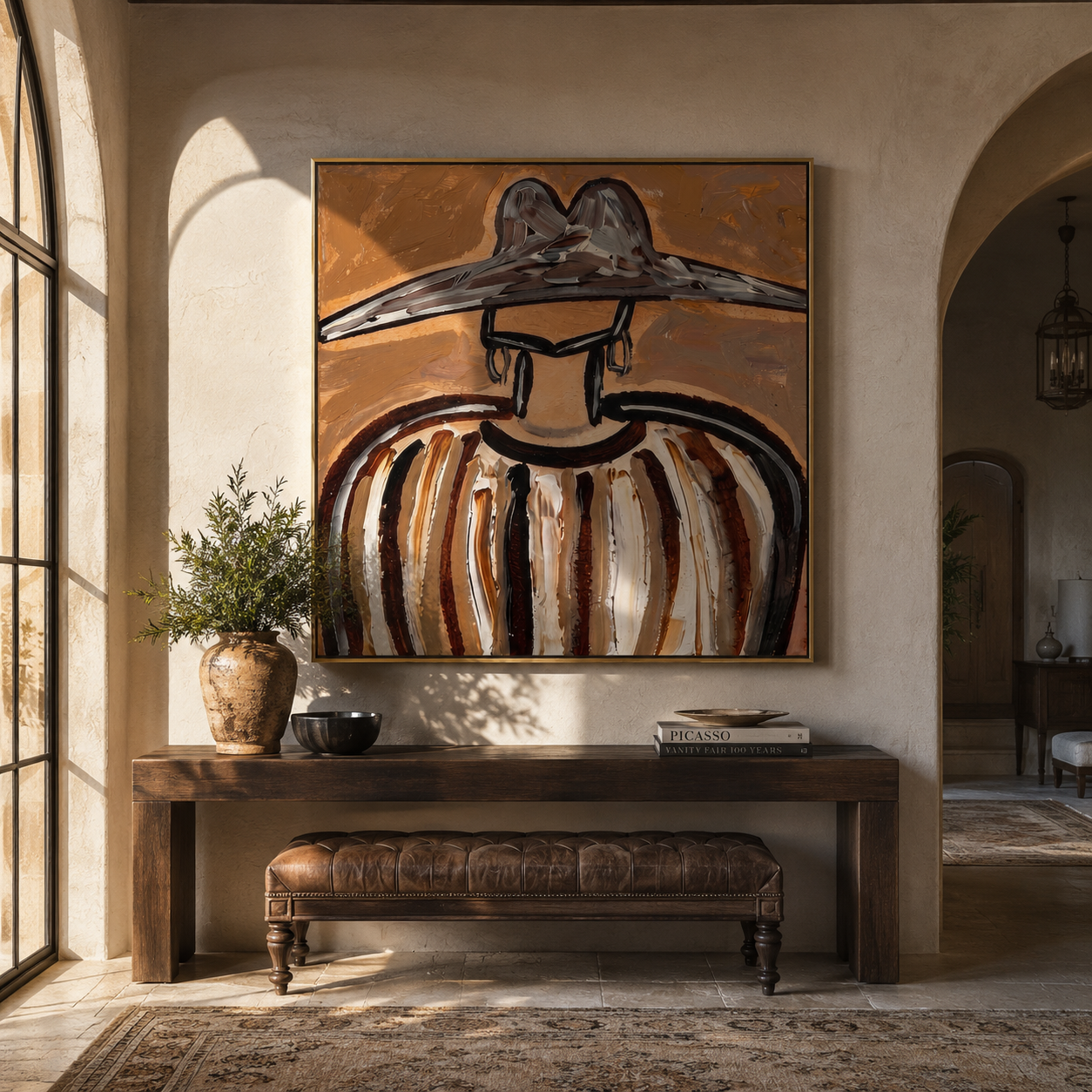 Metal Peaks Hold Ochre - earth striped hat figure painting by Elliot Vale, modern figurative square wall art - styled room scene view 4