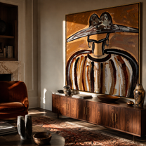Metal Peaks Hold Ochre - earth striped hat figure painting by Elliot Vale, modern figurative square wall art - styled room scene view 5