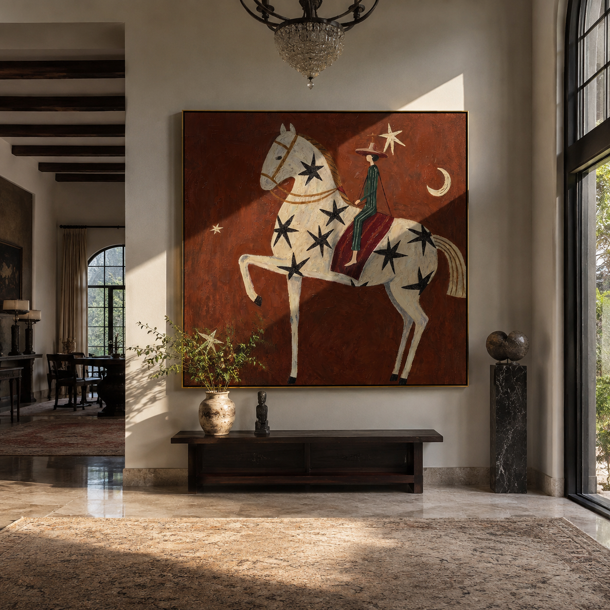 Star Horse Climbs Night - star spangled horse painting by Elliot Vale, modern figurative square wall art - styled room scene view 1