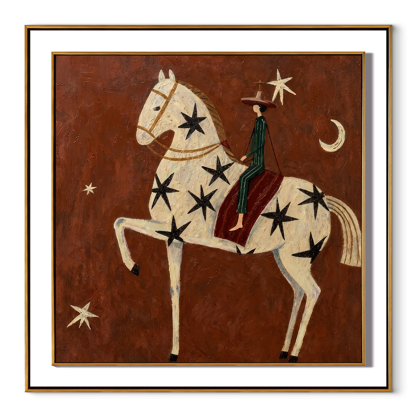 Star Horse Climbs Night - star spangled horse painting by Elliot Vale, modern figurative square wall art - framed artwork on white background