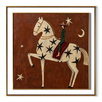 Star Horse Climbs Night - star spangled horse painting by Elliot Vale, modern figurative square wall art - framed artwork on white background