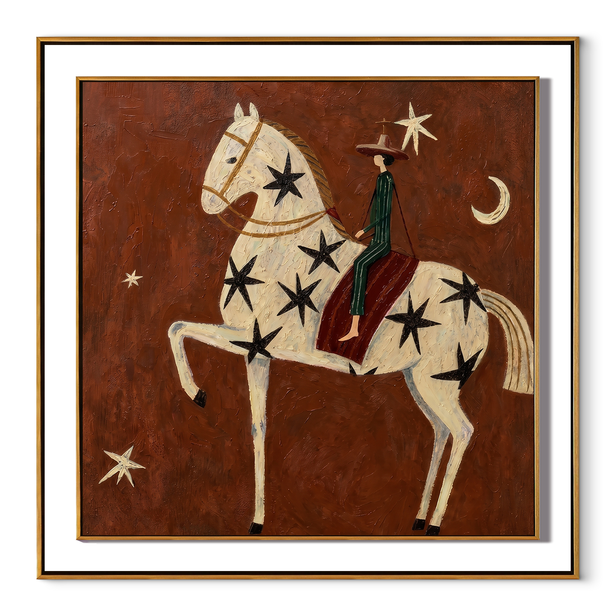Star Horse Climbs Night - star spangled horse painting by Elliot Vale, modern figurative square wall art - framed artwork on white background