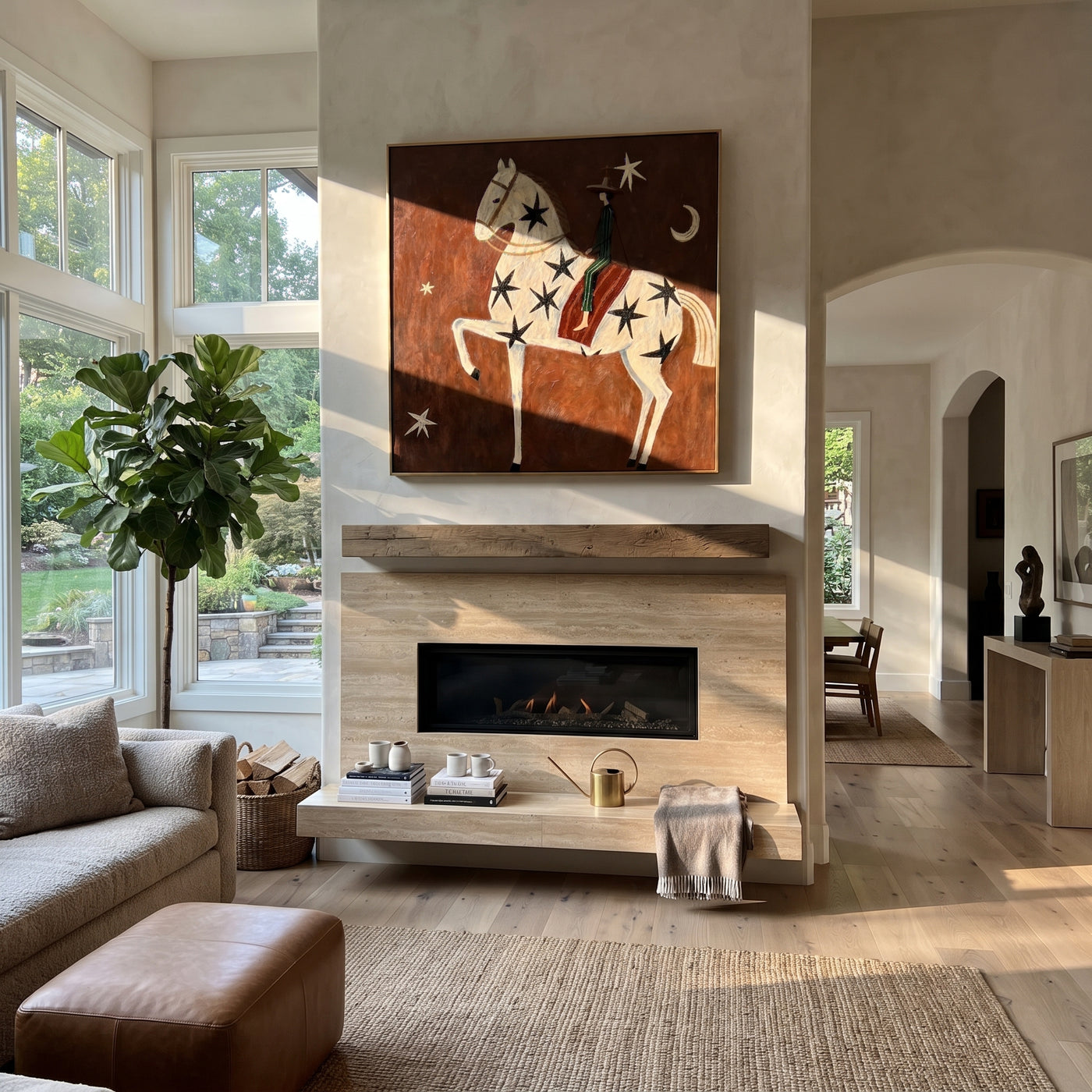 Star Horse Climbs Night - star spangled horse painting by Elliot Vale, modern figurative square wall art - styled room scene view 2
