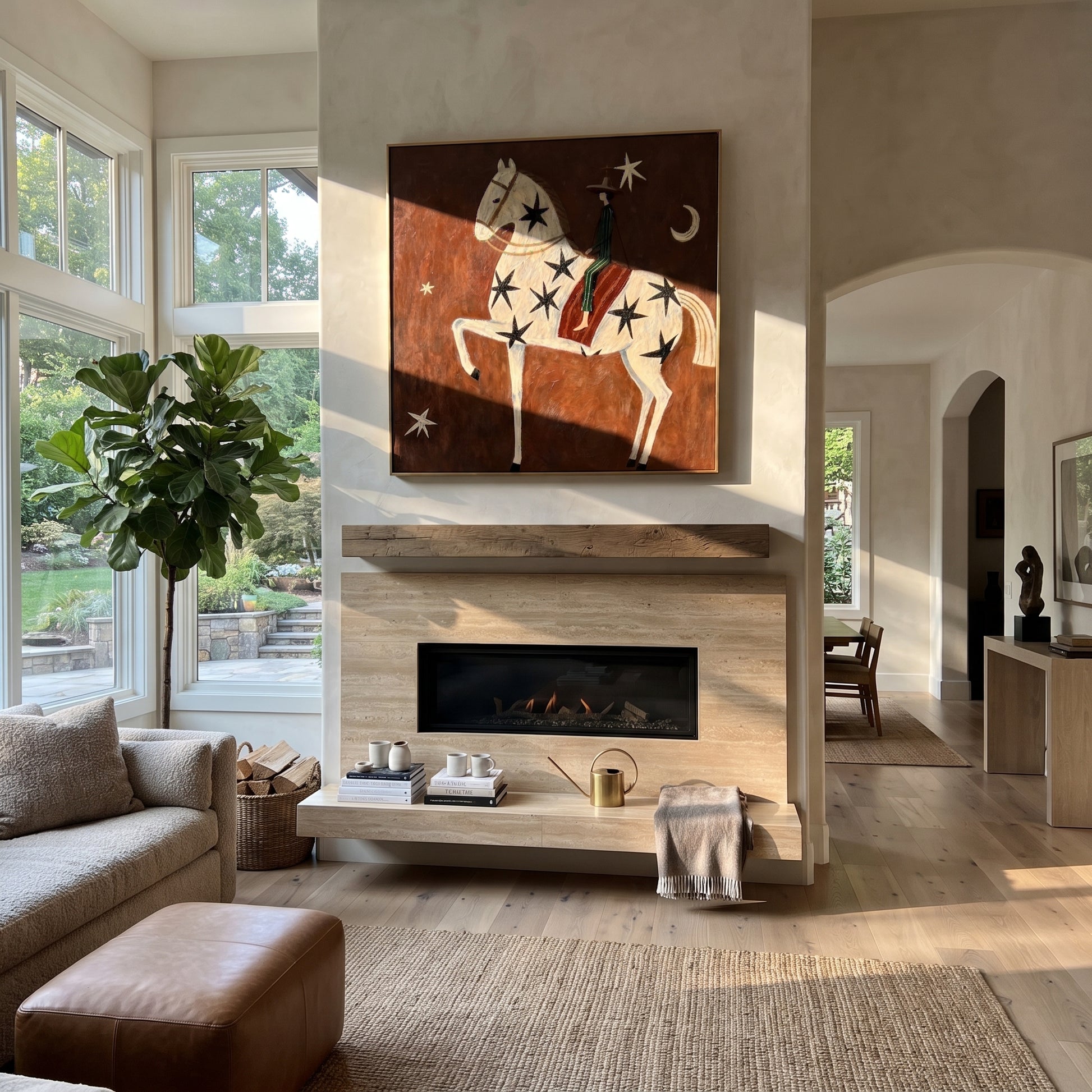 Star Horse Climbs Night - star spangled horse painting by Elliot Vale, modern figurative square wall art - styled room scene view 2