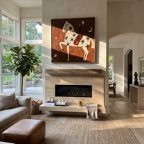Star Horse Climbs Night - star spangled horse painting by Elliot Vale, modern figurative square wall art - styled room scene view 2