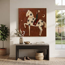 Star Horse Climbs Night - star spangled horse painting by Elliot Vale, modern figurative square wall art - styled room scene view 3