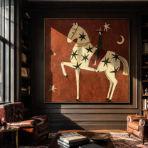 Star Horse Climbs Night - star spangled horse painting by Elliot Vale, modern figurative square wall art - styled room scene view 4