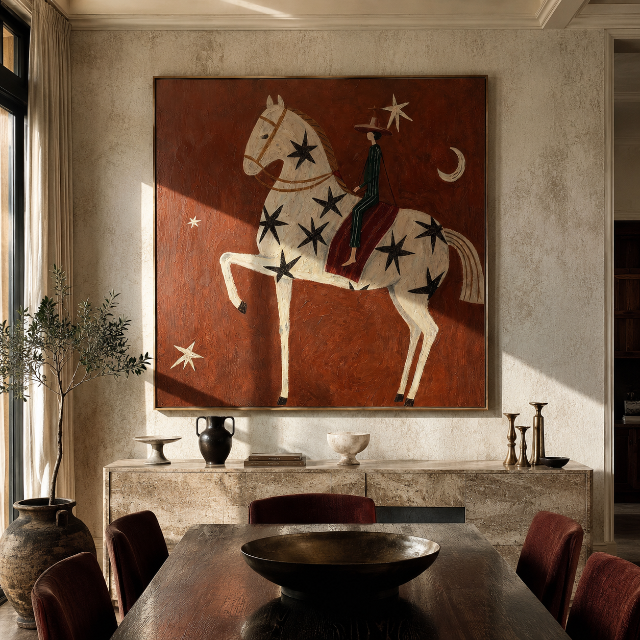 Star Horse Climbs Night - star spangled horse painting by Elliot Vale, modern figurative square wall art - styled room scene view 5