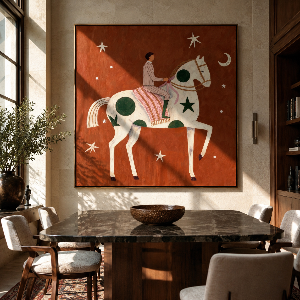 Green Moons Carry Rose - moon star horse painting by Elliot Vale, modern figurative square wall art - styled room scene view 1