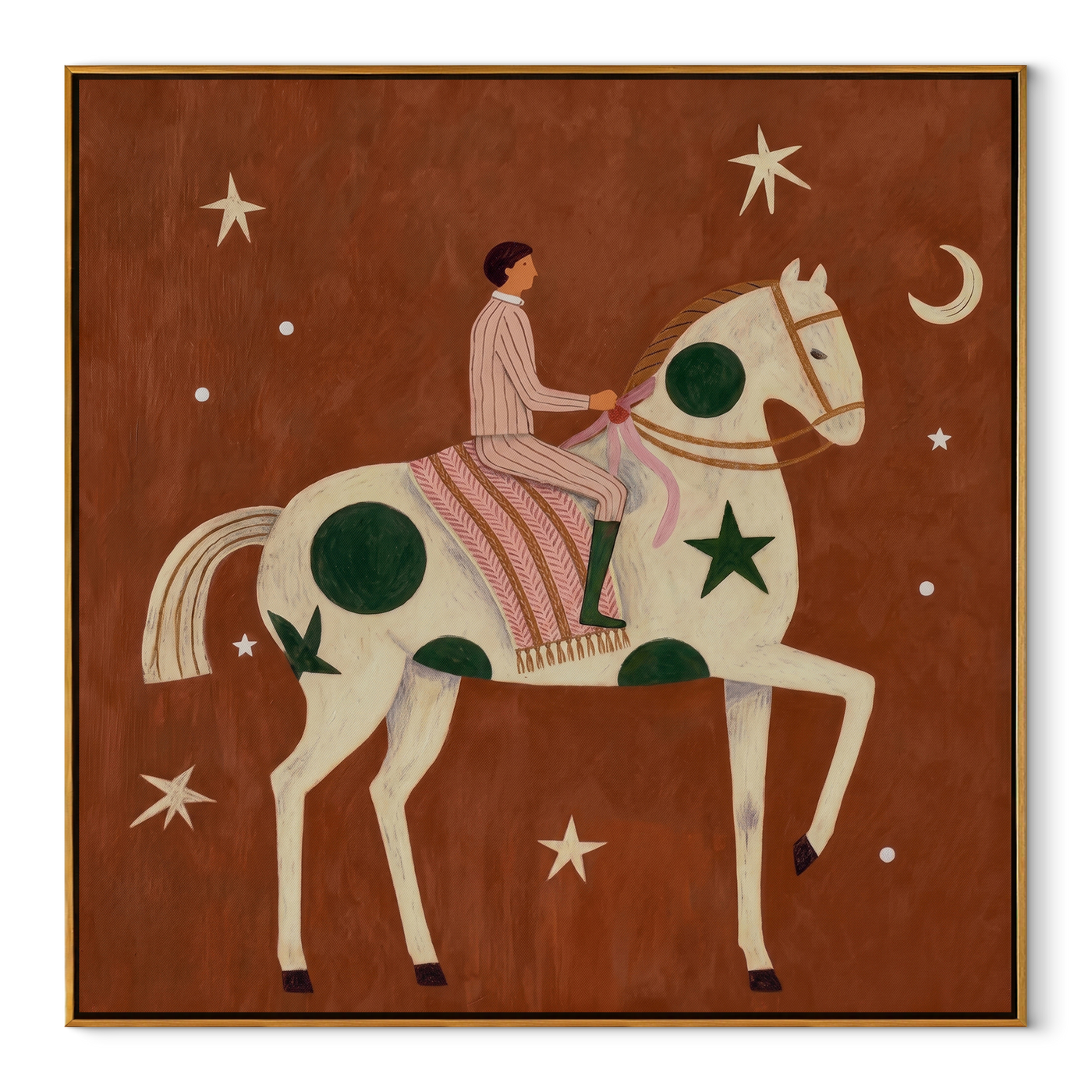 Green Moons Carry Rose - moon star horse painting by Elliot Vale, modern figurative square wall art - framed artwork on white background